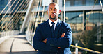 Portrait, arms crossed and black man in city for business, pride or realtor with ambition on bridge. Serious, employee and entrepreneur outdoor with confidence, corporate worker or property investor