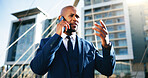 Phone call, anxiety and business with black man in city for permit rejection, contact and property fail. Final notice, communication and stress with person outdoor for n real estate crisis and worry