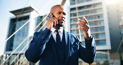 Buy stock photo Phone call, anxiety and business with black man in city for permit rejection, contact and property fail. Final notice, communication and stress with person outdoor for n real estate crisis and worry