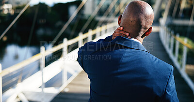 Buy stock photo Neck pain, tired and back of business man in city for overworked, injury and property loss. Real estate foreclosure, burnout and fatigue with frustrated person outdoor for mistake and crisis