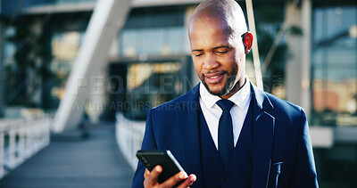 Buy stock photo Business, smartphone and black man in city, internet and login for trading website. African person, employee and financial advisor in street, cellphone and email with investment and online reading