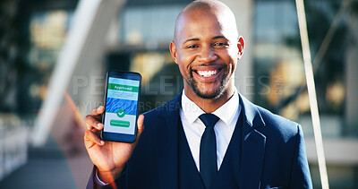 Buy stock photo Business, man or happy with phone screen for approval of loan application, RPA or positive feedback. UI, finance portal or portrait of black person in city with compliance success or online agreement