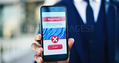 Buy stock photo Businessman, hands or phone screen with loan rejection for poor credit, RPA or affordability issue. UI, finance portal and person with smartphone outdoor for compliance fail and application bad news