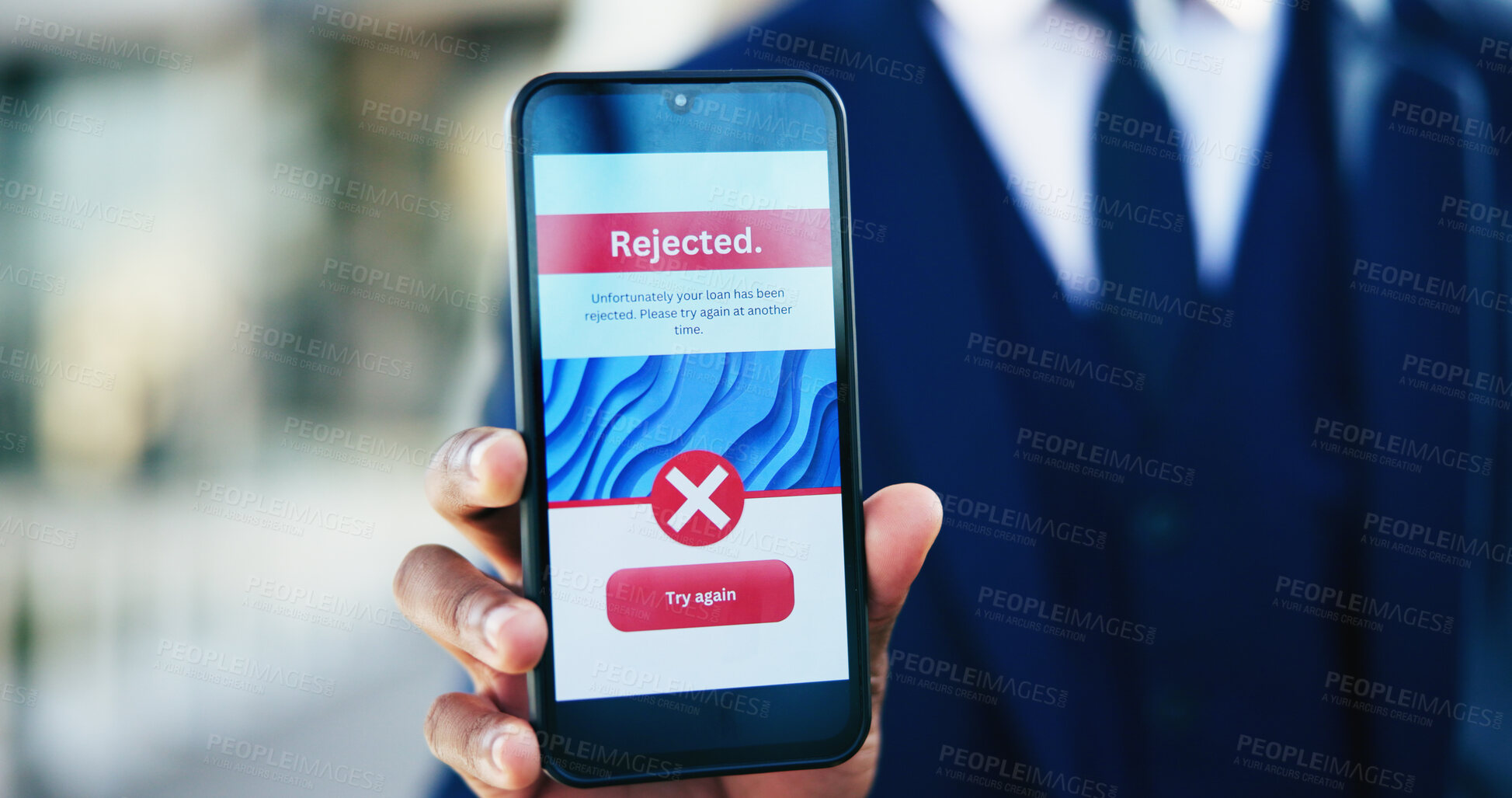 Buy stock photo Businessman, hands or phone screen with loan rejection for poor credit, RPA or affordability issue. UI, finance portal and person with smartphone outdoor for compliance fail and application bad news