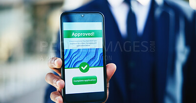 Buy stock photo Businessman, hands and phone screen with loan approval for agreement, RPA and positive feedback. UI, finance portal or smartphone outdoor with compliance success, online confirmation or affordability