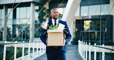 Buy stock photo Black man, leaving and business with box for new career, job opportunity or migration in city. Happy, businessman and smile with work equipment or belongings for employment promotion or relocation