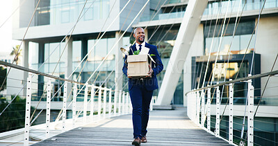 Happy, black man or leaving business with box for new career, job opportunity or migration in city. Businessman, change or startup with work equipment for relocation or employment promotion on bridge