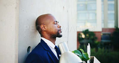 Buy stock photo Bankruptcy, fired and unemployment with business black man in city for reaction to job loss. Depression, mistake and regret with unhappy employee outdoor in urban town for economic recession