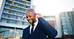 Smile, business and black man with earphones in city for streaming, podcast and travel to work. Happy, male person and listening to music on journey outdoor, morning radio and urban commute for trip