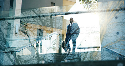 Buy stock photo Low angle, business and man in city, walking and travel with urban town, glass and pride. Outdoor, person and employee with steps, stairs and commute with buildings, reflections and New York