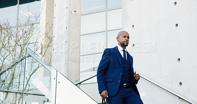 Buy stock photo Trip, employee and man in city, stairs or rush to work in morning, commuting and attorney with case. Thinking, lawyer and black person in hurry for trial, serious and journey to court and reflection