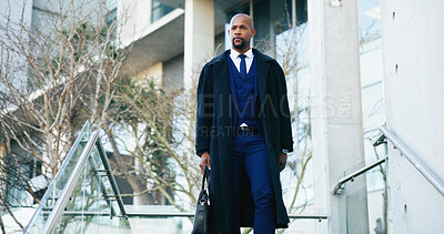 Buy stock photo Morning, employee and man on trip, stairs or rush to work in city, commuting and attorney with case. Thinking, lawyer and black person in hurry for trial, serious and journey to court and reflection