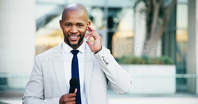 Buy stock photo Journalism, news and portrait of black man in city for live television broadcast as presenter. Microphone, story and streaming with reporter outdoor on bridge in urban town for information or update