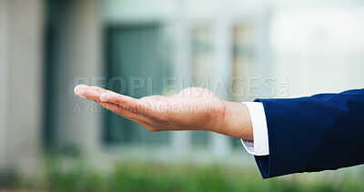 Buy stock photo Business person, hand out and offer with charity for job opportunity, loan or giving in city. Space, employee or palm with suggestion, unemployment or economic help for sharing or financial aid