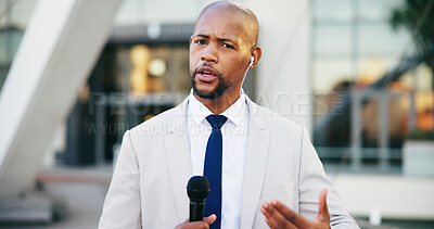 Buy stock photo News, portrait and streaming with black man in city for live television broadcast as presenter. Journalism, microphone and story with reporter outdoor in urban town for information or tv update