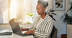 Typing, online and woman with laptop, office and serious for article on web, copywriter or research. Creative, employee and black person with tech for email marketing, app and campaign for engagement