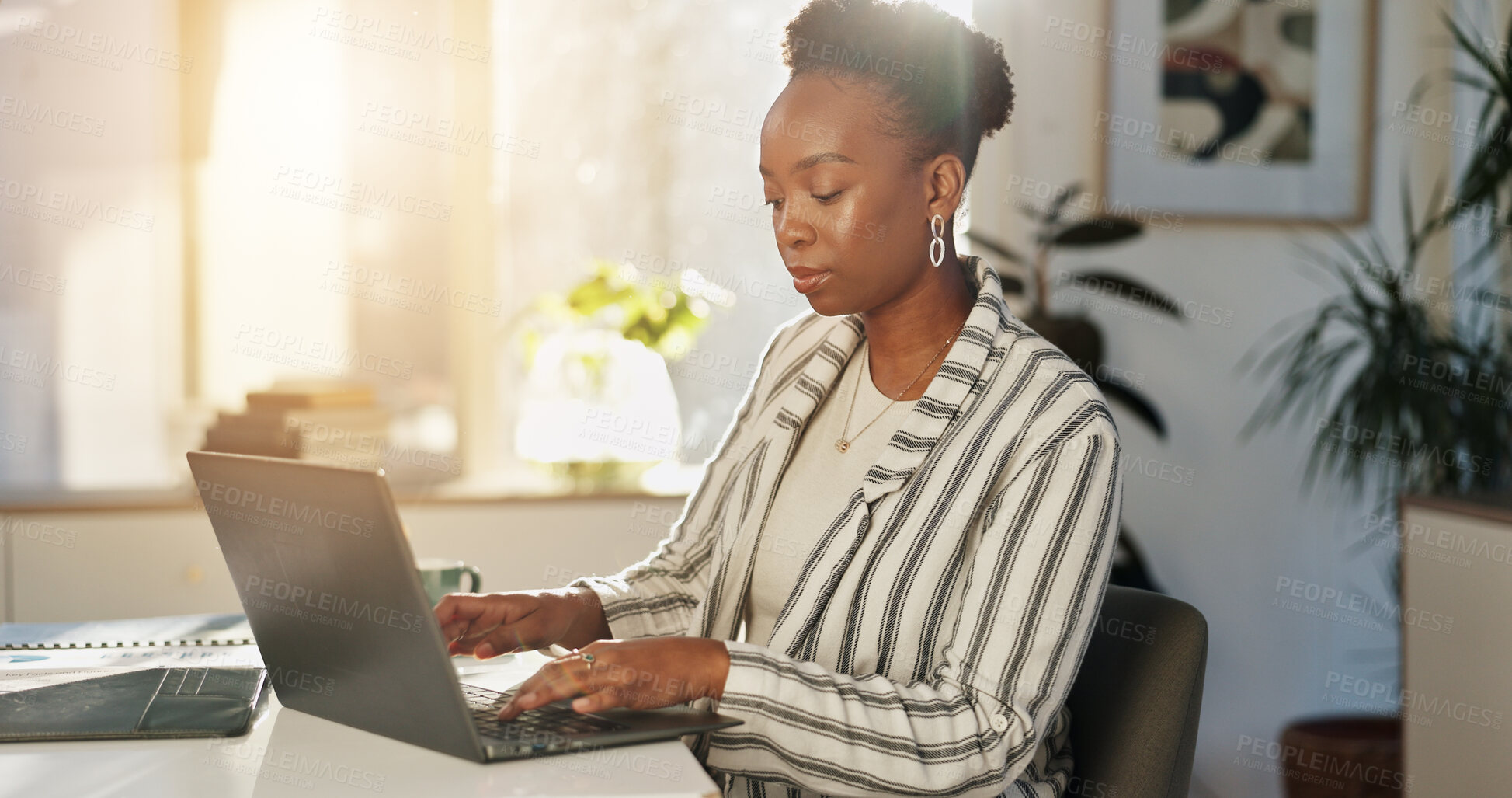 Buy stock photo Typing, online and woman with laptop, office and serious for article on web, copywriter or research. Creative, employee and black person with tech for email marketing, app and campaign for engagement