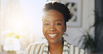 Smile, confident and portrait of black woman in office with creative career development. Happy, professional and face of African female journalist with pride for job opportunity at internship.