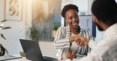 Buy stock photo Collaboration, handshake and smile with business black people in office for agreement or success. Partnership, thank you and welcome with employee team shaking hands at work for bonus or promotion