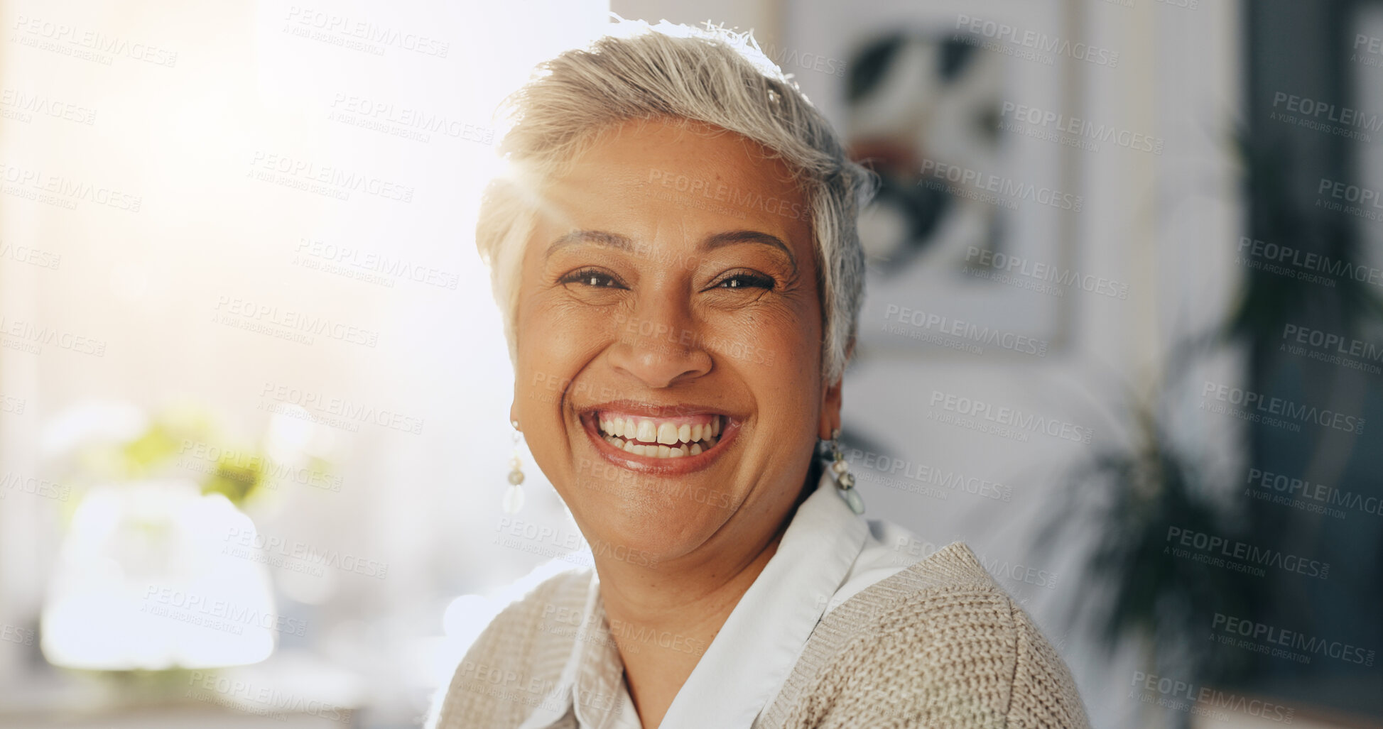 Buy stock photo Smile, portrait and mature businesswoman in office with confidence for creative career. Happy, professional and face of female magazine CEO from Colombia with management for company in workplace.