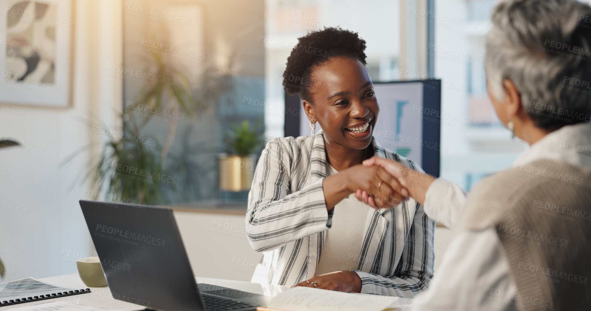 Buy stock photo Handshake, partnership and smile with business people in office for agreement, deal or success. Collaboration, thank you and welcome with employee team shaking hands at work for bonus or promotion