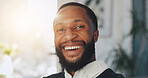 Happy, confident and portrait of black man in office with creative career development. Smile, professional and face of African male journalist with pride for job opportunity at internship at agency.