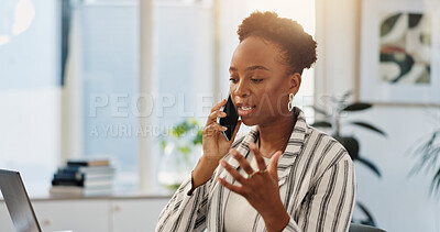 Buy stock photo Laptop, phone call and update with business black woman in office for negotiation or problem solving. Computer, conversation or discussion on mobile with employee at work for feedback or solution