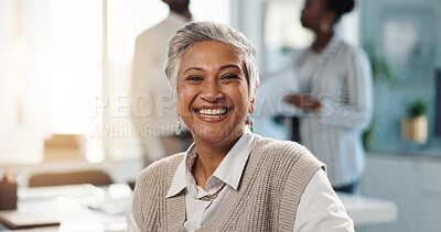 Buy stock photo Portrait, business and woman in meeting, smile and confident personality with creative agency. Mature person, copywriting and employee in workplace, pride and career ambition with editing specialist
