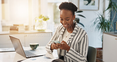 Buy stock photo Phone, business and happy black woman in office for email, review chart and financial analysis. Mobile, data analyst and worker reading report for investment increase, stock market news or networking