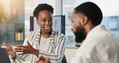 Buy stock photo Meeting, laptop and business people in office for finance, profit or asset management planning. Discussion, computer and African financial manager with client for investment proposal in workplace.