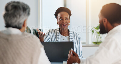 Buy stock photo Meeting, laptop and business people in office for discussion, planning and accounting review. Collaboration, teamwork and man with women for brainstorming, company proposal and project communication