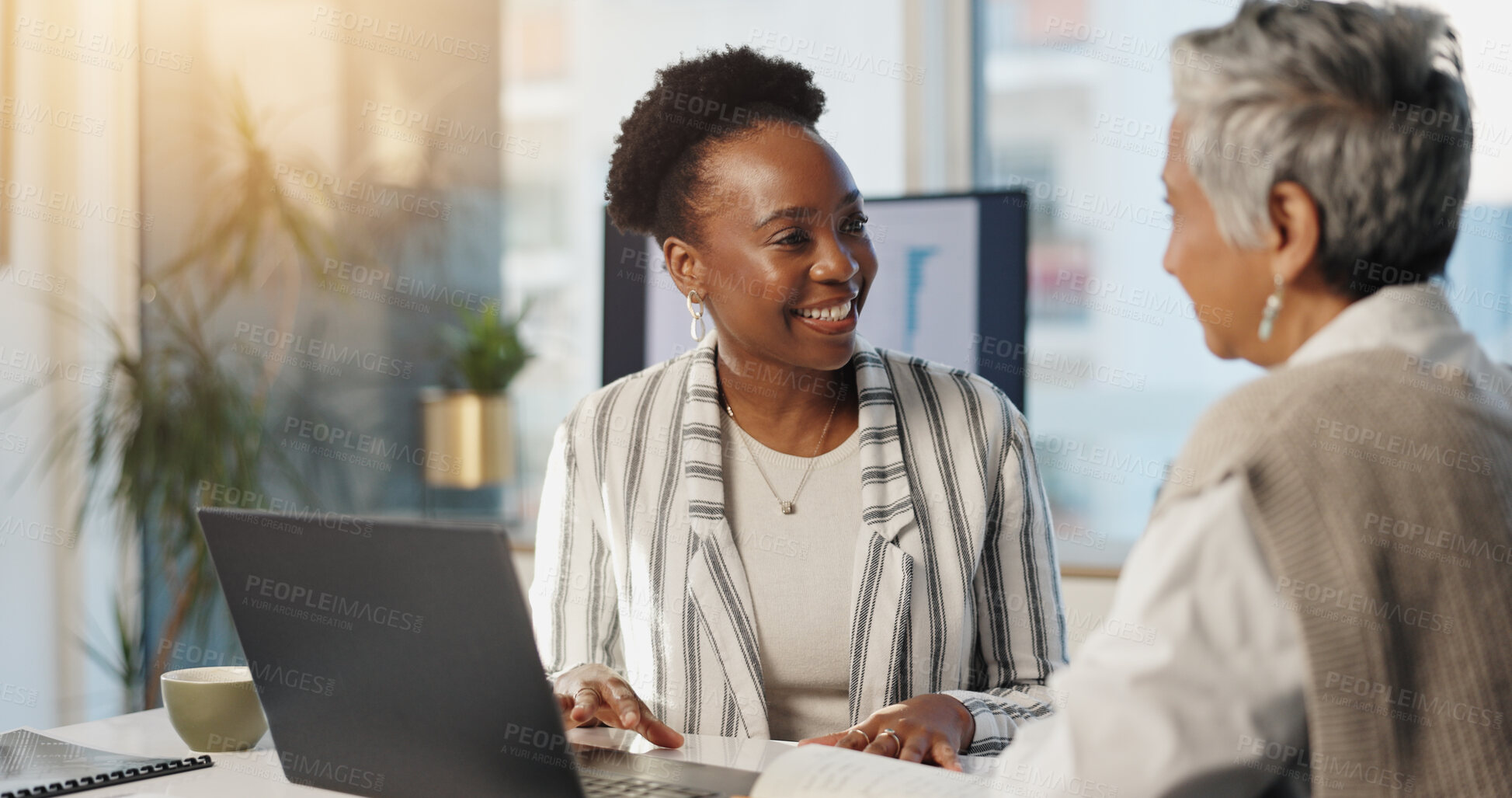 Buy stock photo Smile, business women and team planning in office for insurance, training and help with project. Manager, laptop and collaboration in meeting for risk management, work improvement and solution