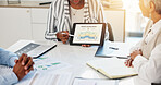 Boardroom, people and presenter with tablet, pointing and screen with product selling report or app. Meeting, colleagues and sales manager with tech for data analysis, financial growth and online