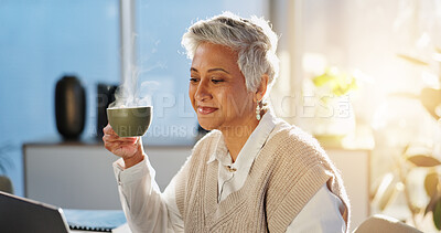 Buy stock photo Office, creative and woman with coffee, laptop and smile for article on web, editor or proofreading. Online, journalist and mature person with hot beverage, happy and review of project for magazine