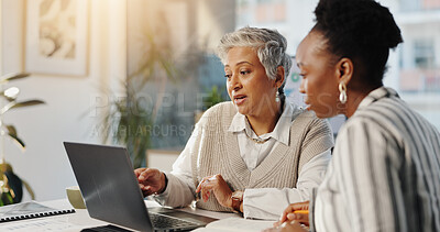 Buy stock photo Laptop, business women and team planning in office for insurance, training or help with project. Mature manager, computer and collaboration in meeting for risk management, coaching or problem solving