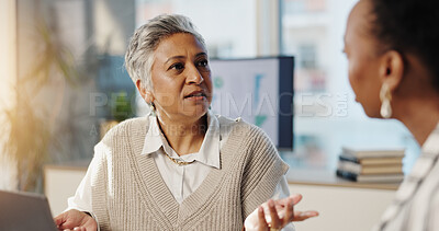 Buy stock photo Manager, business women and team brainstorming in office for insurance, training or help with project. Mature mentor, tech and planning in meeting for risk management, financial coverage or proposal