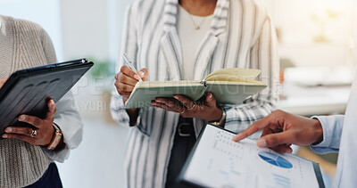 Buy stock photo Charts, hands or tablet with business people in meeting for accounting, finance or investment. Collaboration, notebook or infographic with financial team in office for budget information or planning