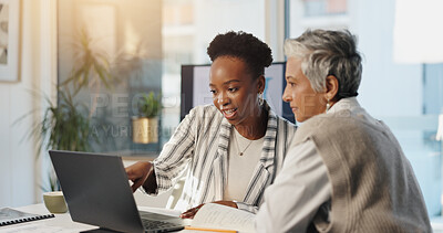 Buy stock photo Laptop, collaboration and business women planning in office for insurance, training or help. Mature manager, computer and team in meeting for risk management, policy details and idea for proposal