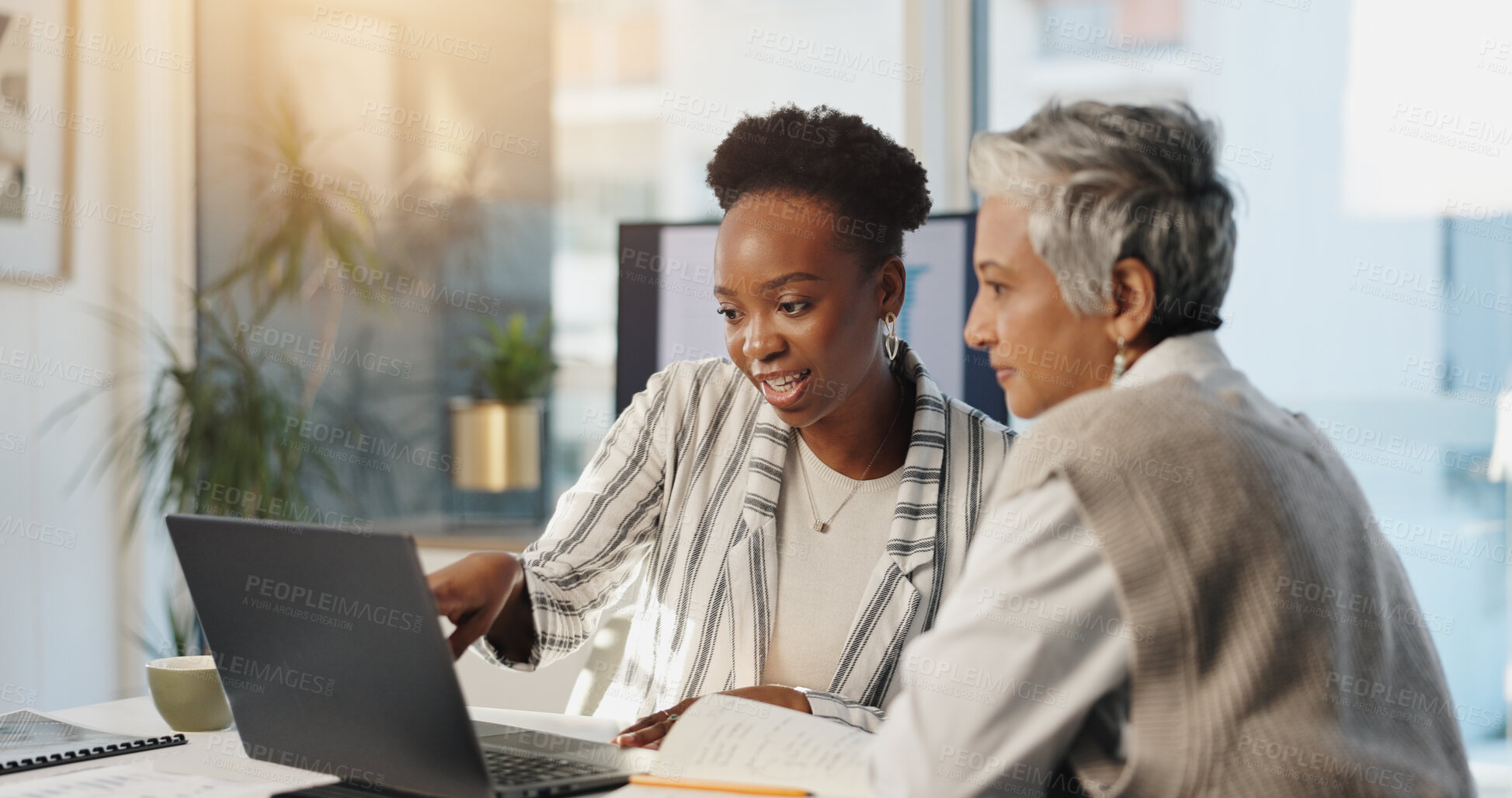 Buy stock photo Laptop, collaboration and business women planning in office for insurance, training or help. Mature manager, computer and team in meeting for risk management, policy details and idea for proposal