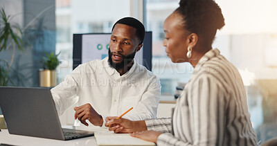 Buy stock photo Conversation, laptop and business people in office for finance, profit or asset management planning. Meeting, computer and African financial manager with client for investment proposal in workplace.