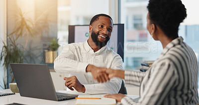 Buy stock photo Collaboration, handshake and welcome with business black people in office for agreement or success. Partnership, thank you and smile with employee team shaking hands at work for bonus or promotion