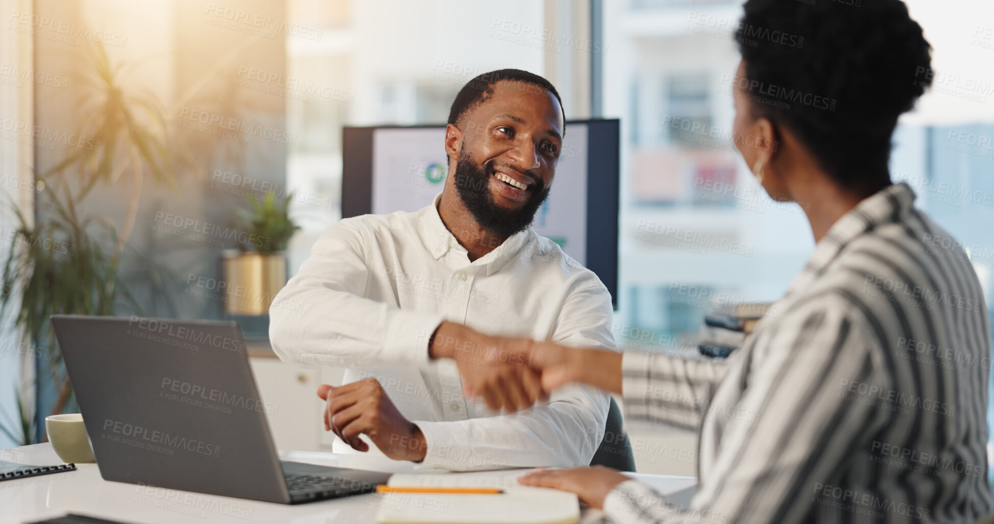 Buy stock photo Collaboration, handshake and welcome with business black people in office for agreement or success. Partnership, thank you and smile with employee team shaking hands at work for bonus or promotion