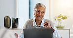 Excited, employee and woman with laptop, thinking and happy for published article on web and online. Creative, reporter and smile for positive feedback on email, reflection or mature person in office