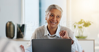 Buy stock photo Excited, employee and woman with laptop, thinking and happy for published article on web and online. Creative, reporter and smile for positive feedback on email, reflection or mature person in office