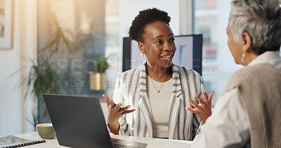 Buy stock photo Discussion, business women and team in office for investment, analysis and feedback for schedule. Manager, laptop and collaboration in meeting for financial planning, advice and problem solving