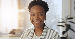 Happy, confident and portrait of black woman in office with creative career development. Smile, professional and face of African female journalist with pride for job opportunity at internship.