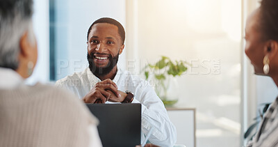 Buy stock photo Meeting, laptop and business people in office for feedback, planning and accounting review. Collaboration, teamwork and man with women for brainstorming, company proposal and project communication