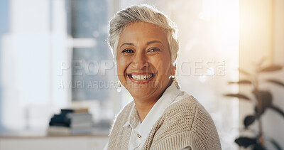 Buy stock photo Happy, portrait and mature businesswoman in office with confidence for creative career. Smile, professional and face of female magazine CEO from Colombia with management for company in workplace.