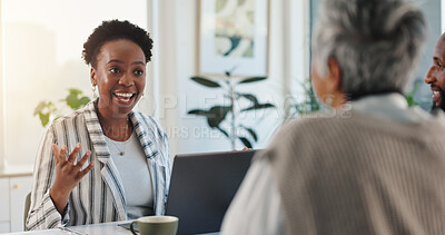 Buy stock photo Smile, laptop and business people in office for meeting, discussion and accounting review. Collaboration, teamwork and women with man for brainstorming, company proposal and project communication