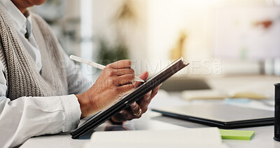 Buy stock photo Hands, business and person on tablet in office for research, schedule update and post article. Journalist, digital and stylus for draft feedback, proofreading story and information for publication